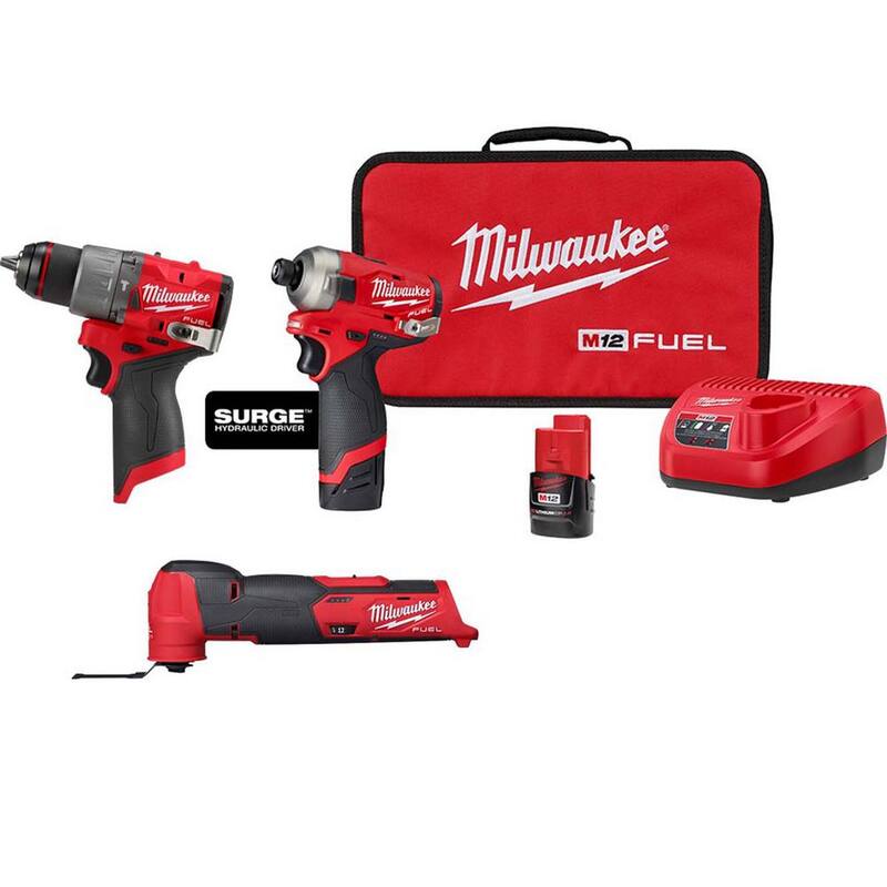 Kit compacto Milwaukee M12 FUEL SURGE 12V de impacto inalámbrico de 1/4 pulgadas sin escobillas de iones de litio y multiherramienta, junto con taladro martillo de 1/2 pulgadas - 2551-22-2526-20-3404-20.
