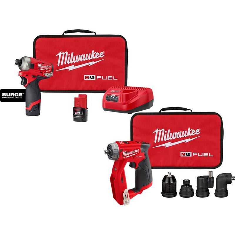 Milwaukee M12 FUEL 12V Li-Ion Inalámbrico SURGE 1/4 pulg. Controlador de Impacto Hexagonal y Combo de Kit de Taladro de Instalación 4 en 1 de 3/8 pulg. - 2551-22-2505-20