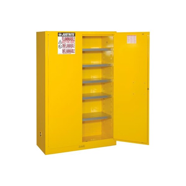 Justrite 60 gal, 5 Shelves, 18-Gauge Steel, 43 in W x 65 in H x 18 in D, Yellow - 894510