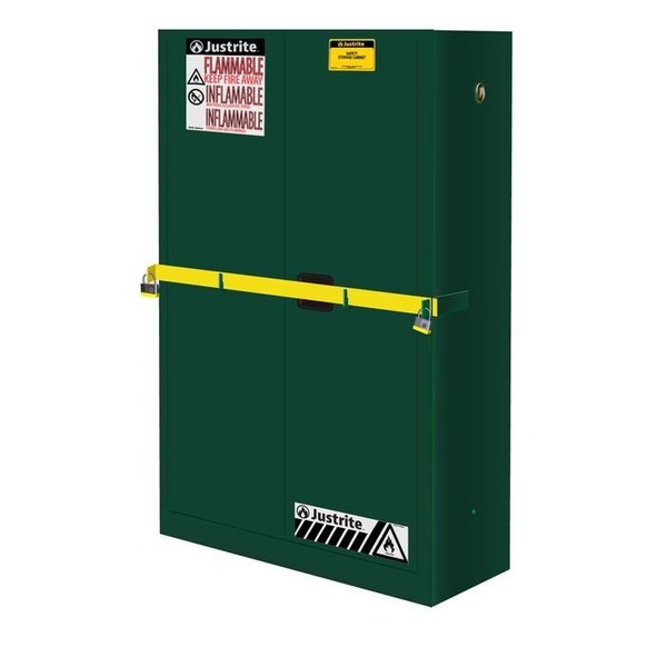Justrite 45 gal, 2 Shelves, 18-Gauge Steel, 43 in W x 65 in H x 18 in D, Green - 29884P