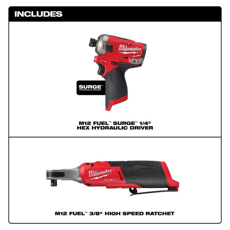 Juego combinado de Milwaukee M12 FUEL 12V Lithium-Ion Cordless SURGE 1/4 pulgadas Hex Impact Driver y M12 FUEL High Speed 3/8 pulgadas Ratchet - 2551-22-2567-20.