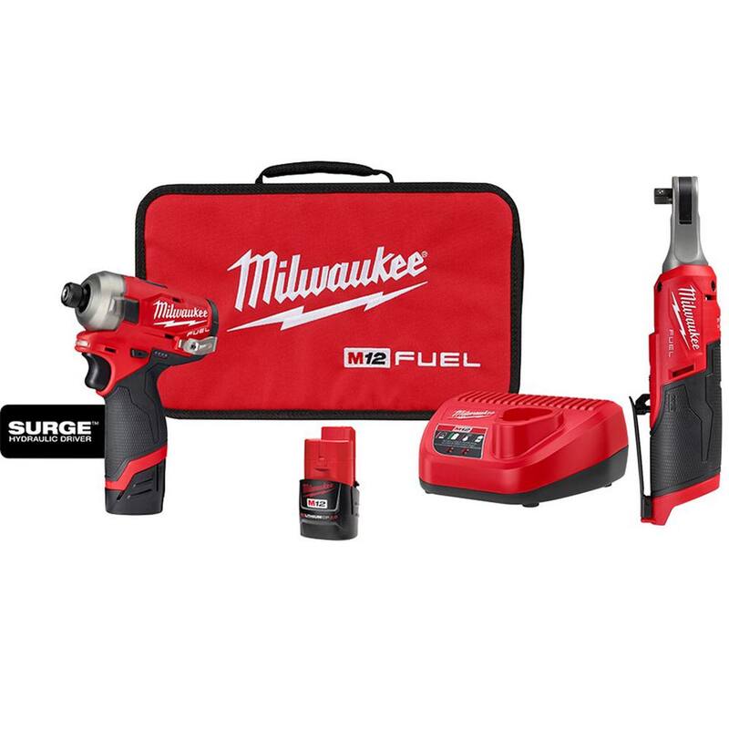 Juego combinado de Milwaukee M12 FUEL 12V Lithium-Ion Cordless SURGE 1/4 pulgadas Hex Impact Driver y M12 FUEL High Speed 3/8 pulgadas Ratchet - 2551-22-2567-20.