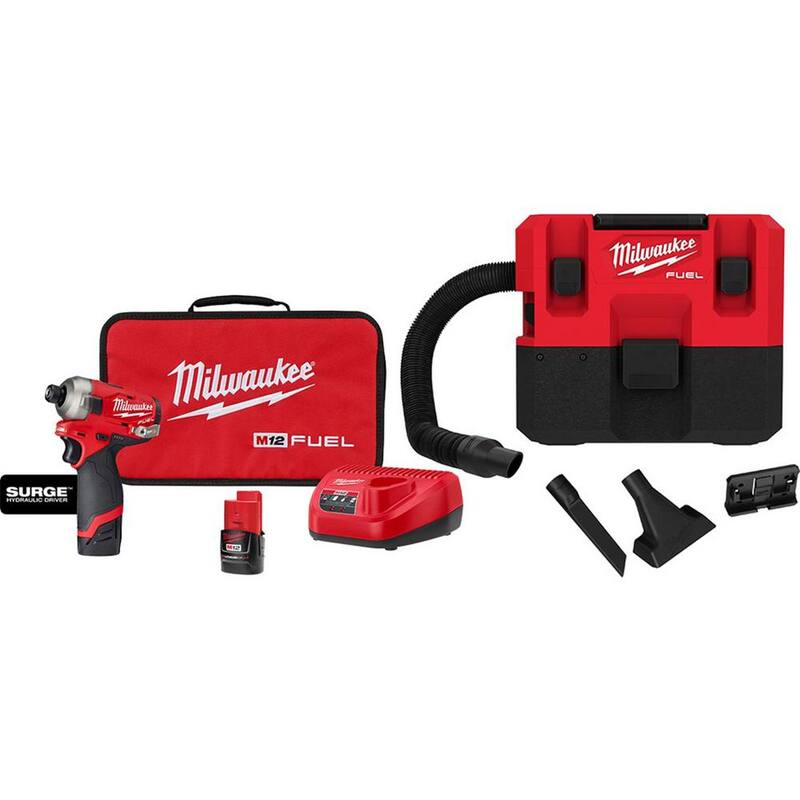 Milwaukee M12 FUEL SURGE 12V Kit de Taladro de Impacto Inalámbrico sin Escobillas de Litio de 1/4 de Pulgada y M12 FUEL Aspiradora Húmeda/Seca de 1.6 Galones - 2551-22-0960-20