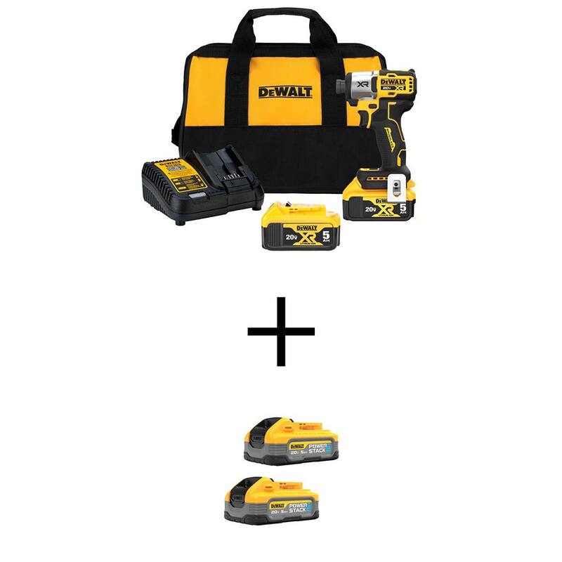 Kit de destornillador de impacto inalámbrico sin escobillas DEWALT 20-Volt Max XR de 1/4 de pulgada y 3 velocidades con (2) Powerstack de 5Ah y (2) baterías de 5Ah - DCF845P2WP520-2