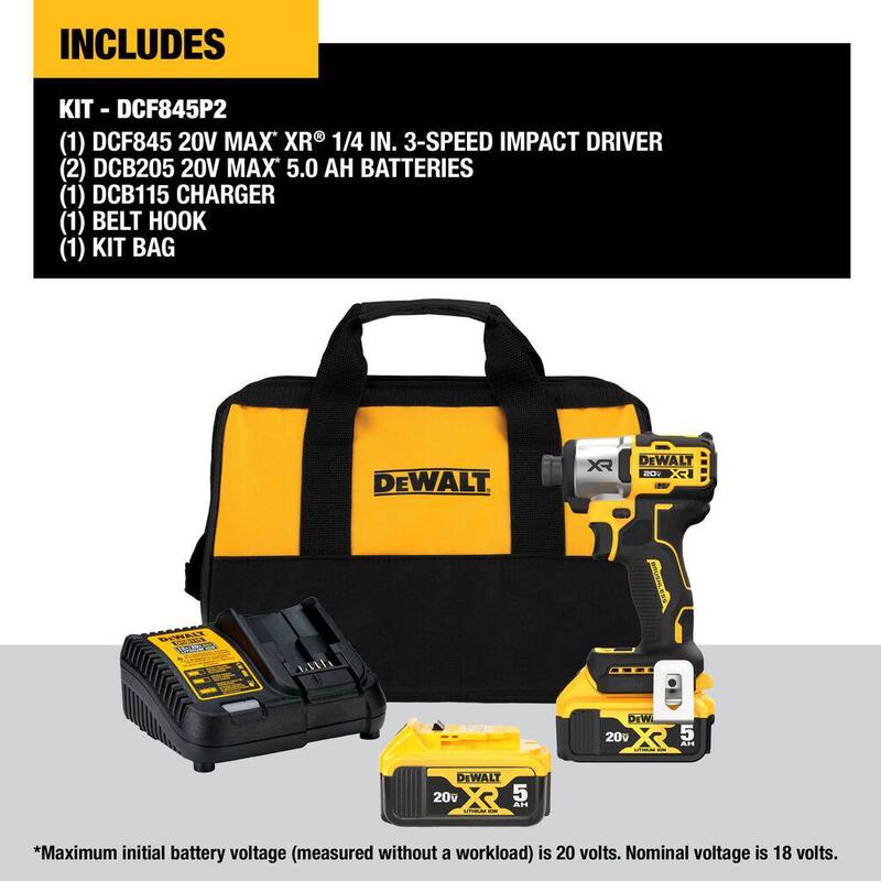 Kit de destornillador de impacto inalámbrico sin escobillas DEWALT 20-Volt Max XR de 1/4 de pulgada y 3 velocidades con (2) Powerstack de 5Ah y (2) baterías de 5Ah - DCF845P2WP520-2