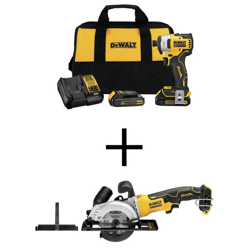 Kit de Destornillador de Impacto Compacto sin Cable DEWALT ATOMIC 20V MAX de 1/4 de pulgada y Sierra Circular DEWALT ATOMIC 20V Brushless de 4-1/2 pulgadas - DCF809C2W571B