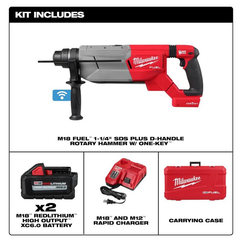 Milwaukee M18 FUEL ONE-KEY Kit de martillo rotativo con manija en D 1-1/4 inalámbrico sin escobillas de iones de litio de 18V SDS-Plus con amoladora M18 FUEL - 2916-22-2980-20.