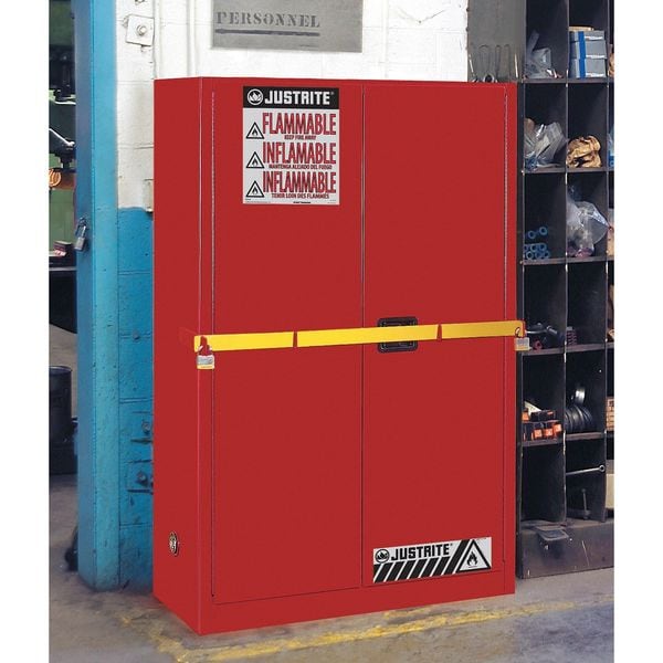 Justrite Flammables Safety Cabinet, 45 gal, 2 Shelves, Steel, 43 in W x 65 in H x 18 in D, Red - 29884R