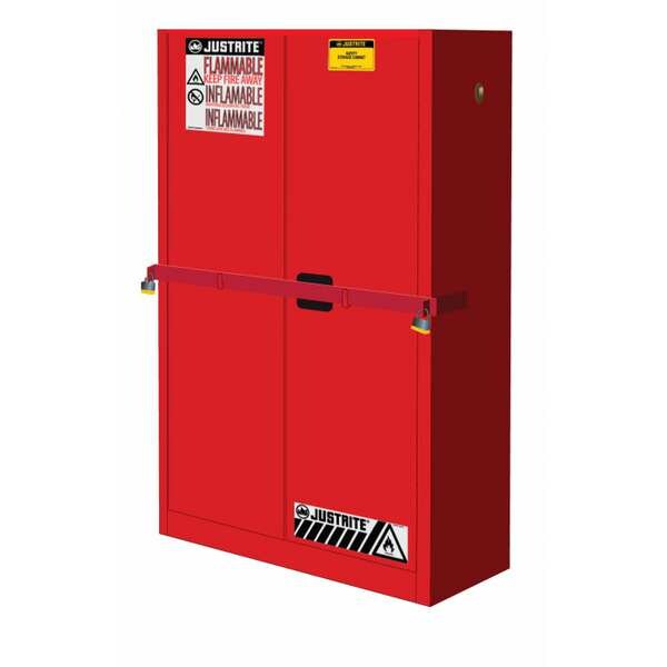 Justrite 45 Gallon Standard High Security Flammable Cabinet Self Close Hinged Door Red, 45 gal, 2 Shelves - SC29884R