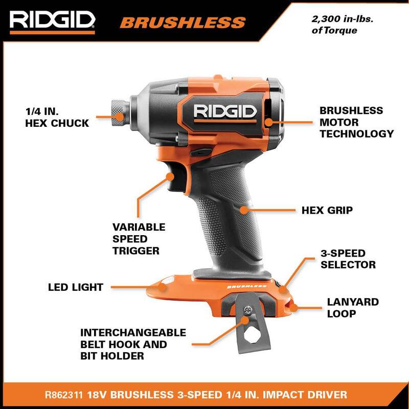 RIDGID 18V Taladro Inalámbrico sin escobillas de 3 velocidades y 1/4 pulgadas con Batería de iones de litio de 2.0 Ah - R862311B-AC8400802