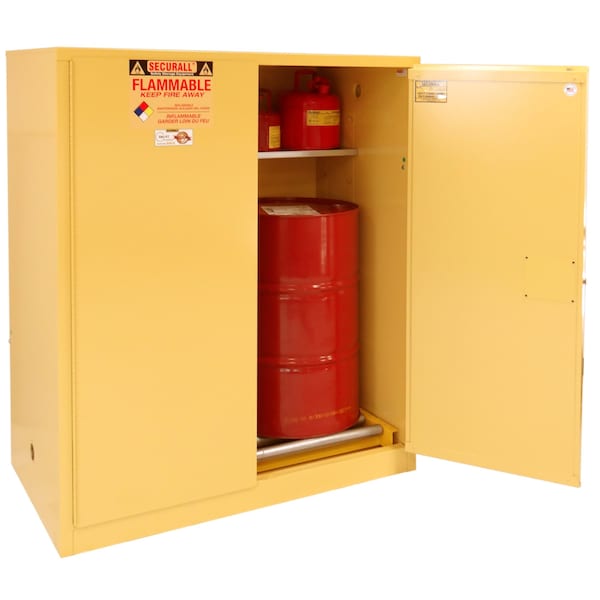 Securall 120 Gallon Flammable Drum Storage Cabinet, Self-Latch Standard 2-Door, Yellow - V1110