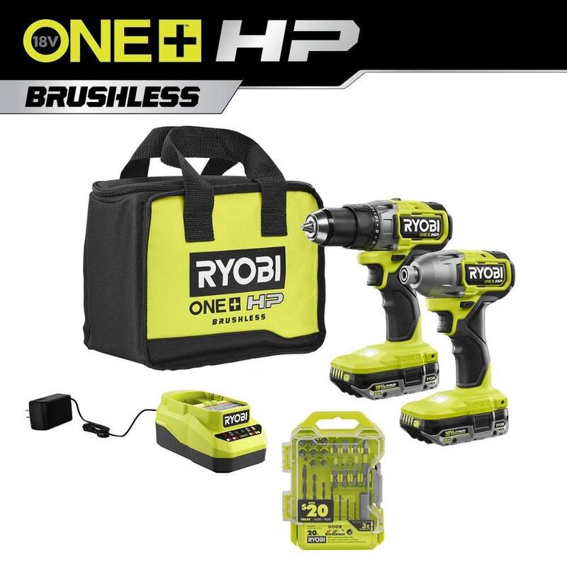 RYOBI ONE+ HP 18V Taladro/Atornillador y Kit de Impacto Inalámbrico Brushless de 1/2 pulgada con (2) Baterías de 2.0 Ah, Cargador, Bolsa y Set de Puntas - PBLCK01K-A98201