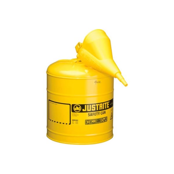 Justrite Safety Can, Steel/Polypropylene Funnel, 5 gal, Yellow, 11 3/4 in Dia. - 7150210