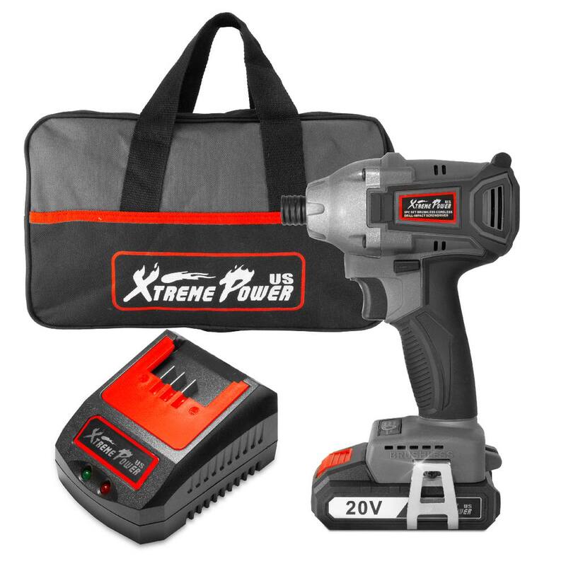 Conducto de impacto inalámbrico sin escobillas de 1/4 pulgadas de 20 voltios XtremepowerUS con batería de iones de litio de 2.0 Ah, cargador y bolsa - 47508-H