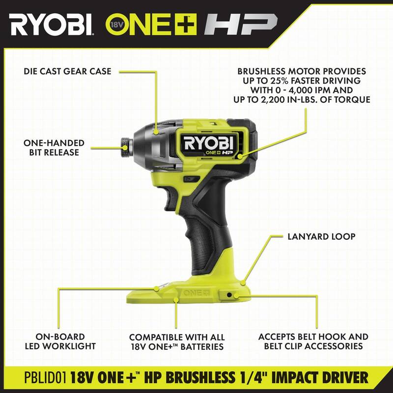 RYOBI ONE+ HP 18V Brushless Cordless 1/4 in. Impact Driver con Batería de 2.0 Ah y Cargador - PBLID01B-PSK005