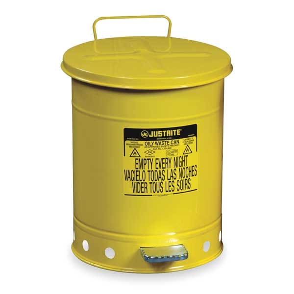 Justrite Oily Waste Can, 14 Gal., Steel, Yellow - 09501