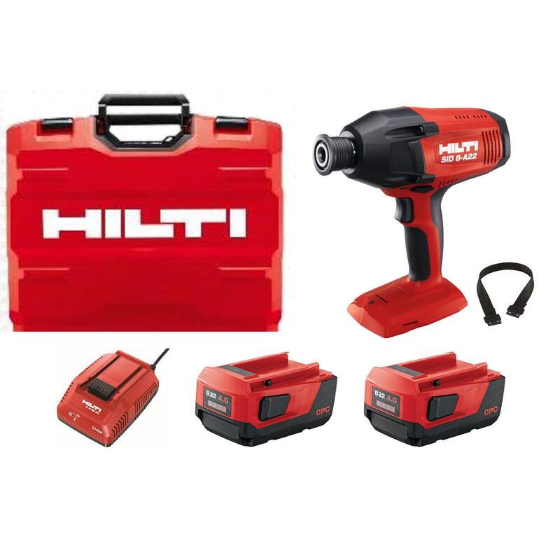 Kit de Conductor de Impacto Inalámbrico Hilti 22-Volt SID 8 de Iones de Litio de 7/16 pulgadas, con Dos Baterías de 4.0 Ah, Cargador y Correa - 3533528