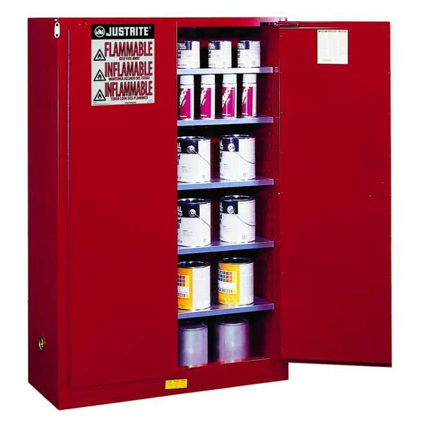 Justrite Flammables Safety Cabinet, 60 gal, 5 Shelves, Steel, 43 in W x 65 in H x 18 in D, Red - 894511