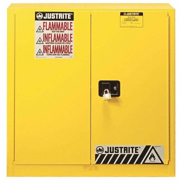 Justrite Flammables Safety Cabinet, 40 gal, 3 Shelves, Steel, 43 in W x 44 in H x 18 in D, Yellow - 893010