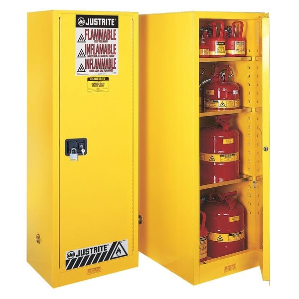 Justrite Flammables Safety Cabinet, 22 gal, 3 Shelves, Steel, 23 1/4 in W x 65 in H x 18 in D, Yellow - 892200