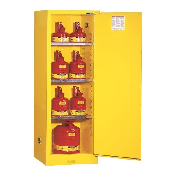 Justrite Flammables Safety Cabinet, 22 gal, 3 Shelves, Steel, 23 1/4 in W x 65 in H x 18 in D, Yellow - 892200