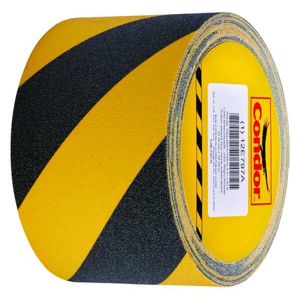 Condor Anti-Slip Tape, Coarse, 60 Grit Size, Striped, Black/Yellow, 4 in x 60 ft, 32 mil Thickness, Acrylic - GRAN5020