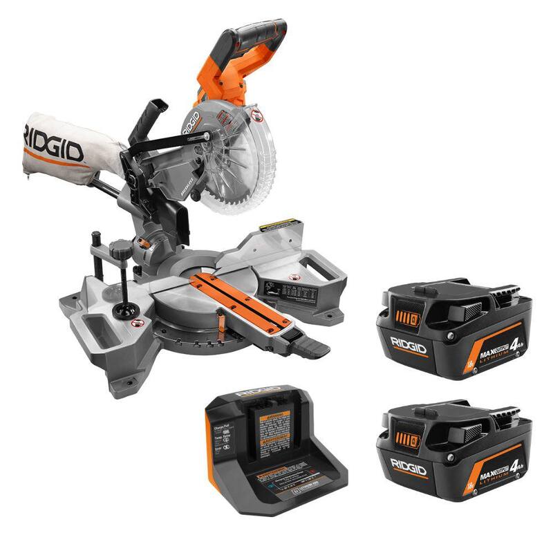 ¡Sierra ingleteadora RIDGID de 18V con kit con (2) baterías de salida máxima de 4.0 Ah y cargador con sierra ingleteadora deslizante de 18V sin escobillas! - AC8609340SB-R48607B