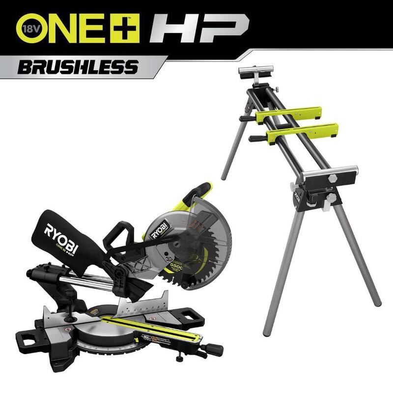 Sierra ingleteadora compuesta deslizante inalámbrica RYOBI ONE+ HP 18V sin escobillas de 10 pulgadas (Herramienta solamente) con soporte rápido plegable para sierra ingleteadora - PBLMS01B-A18MS01G