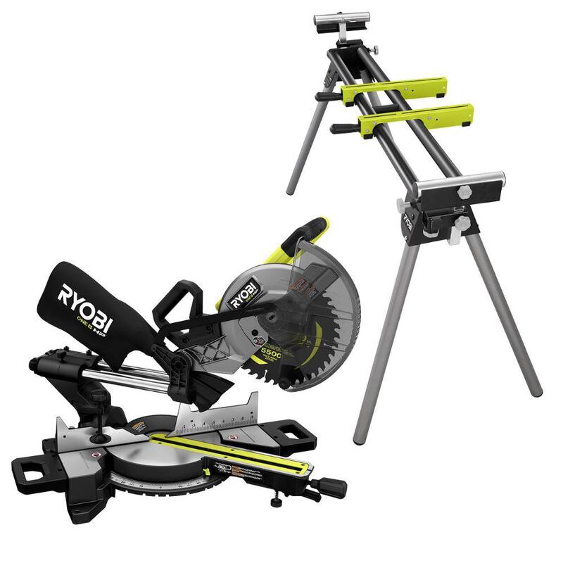 Sierra ingleteadora compuesta deslizante inalámbrica RYOBI ONE+ HP 18V sin escobillas de 10 pulgadas (Herramienta solamente) con soporte rápido plegable para sierra ingleteadora - PBLMS01B-A18MS01G