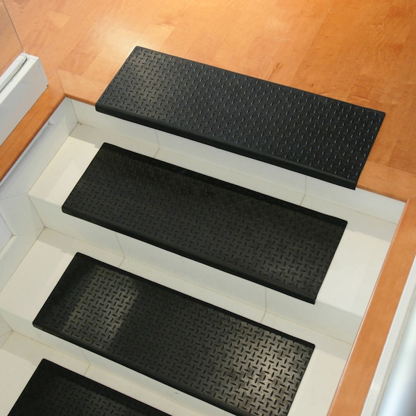 Rubber-Cal "Diamond-Plate" Non-Slip Rubber Tread Stair Mats (6 Pack), Black - 10-104-010-6PK