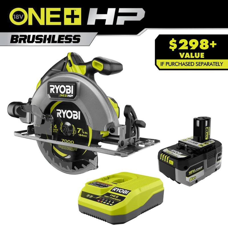 RYOBI ONE+ HP 18V 6.0 Ah Batería de alto rendimiento de iones de litio y kit de cargador con sierra circular de 7-1/4 pulgadas sin escobillas ONE+ HP 18V - PSK016-PBLCS300B.