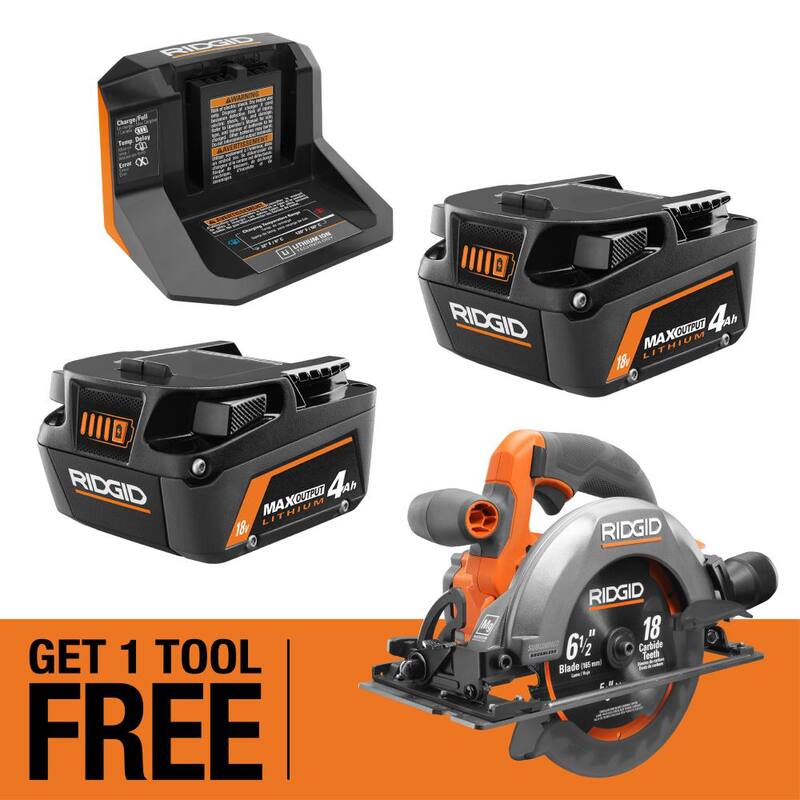 Kit de inicio RIDGID 18V MAX Output con (2) Baterías de salida MAX de 4.0 Ah y cargador con sierra circular subcompacta de 6-1/2 pulgadas 18V GRATIS - AC8609340SB-R8656B