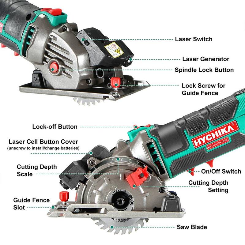 Sierra circular eléctrica HYCHIKA 4.0 Amp 3-3/8 pulgadas Sierra circular mini 4500 RPM con 3 hojas de sierra y regla de escala - E0008US