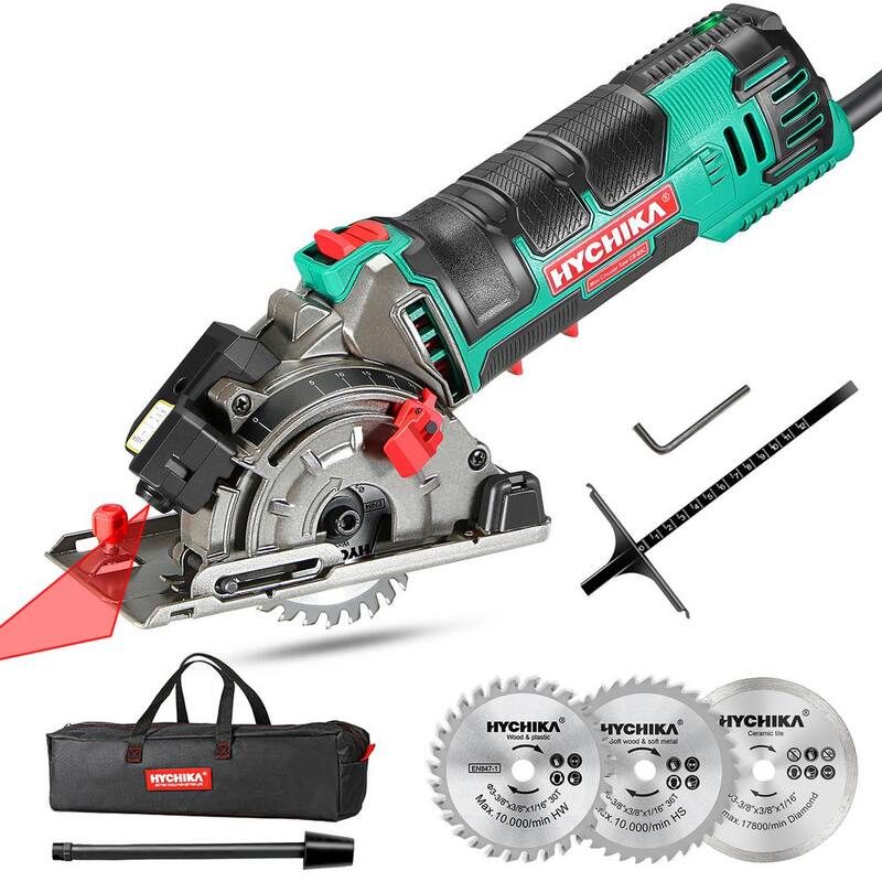 Sierra circular eléctrica HYCHIKA 4.0 Amp 3-3/8 pulgadas Sierra circular mini 4500 RPM con 3 hojas de sierra y regla de escala - E0008US