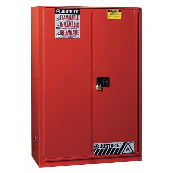 Justrite Flammables Safety Cabinet, 60 gal, 5 Shelves, Steel, 43 in W x 65 in H x 18 in D, Red - 894591