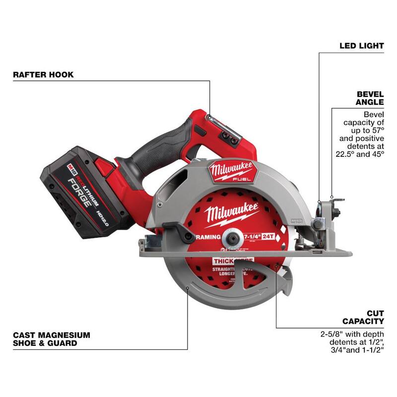 Milwaukee M18 FUEL 18V Lith-Ion Brushless Cordless 7-1/4 in. Circular Saw Kit con una Batería FORGE de 12.0Ah y (2) Hojas - 2834-21HD-48-40-0742
