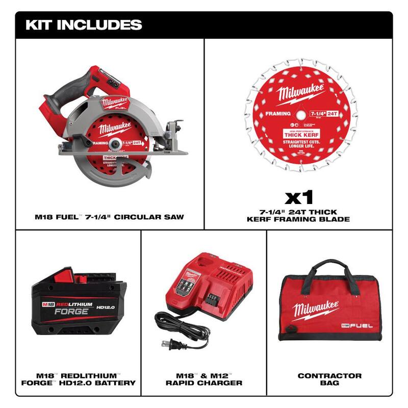 Milwaukee M18 FUEL 18V Lith-Ion Brushless Cordless 7-1/4 in. Circular Saw Kit con una Batería FORGE de 12.0Ah y (2) Hojas - 2834-21HD-48-40-0742