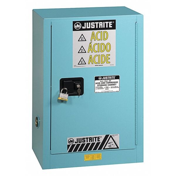 Justrite Corrosive Safety Cabinet, 15 gal, 1 Shelves, Steel, 24 in W x 35-3/4" H x 21-5/8 in D, Blue - 8825022