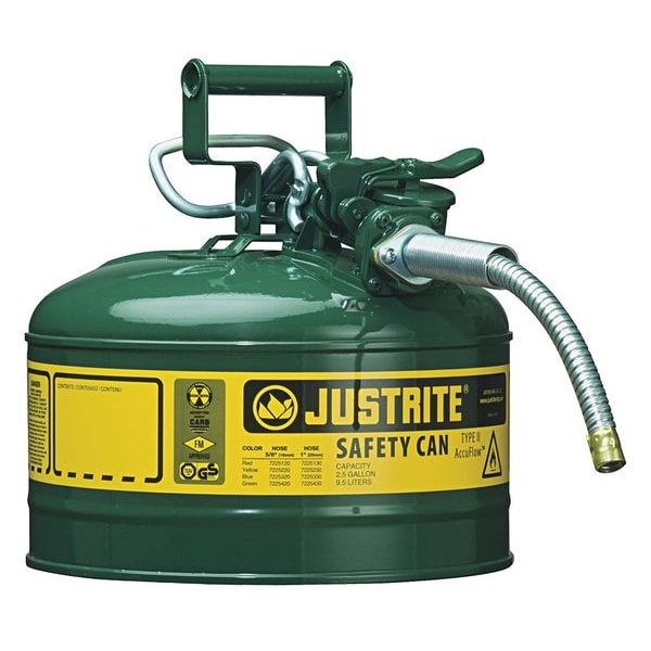 Justrite Safety Can, Steel, 2.5 gal, Green, 11 3/4 in Dia., Oil - 7225420