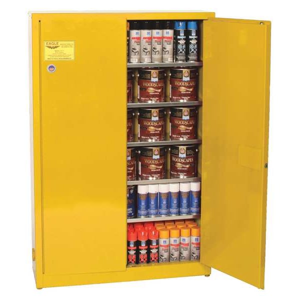 Eagle Mfg Flammables Safety Cabinet, 30 gal, 5 Shelves, Steel, 43 in W x 65 in H x 12 in D, Yellow - YPI77X
