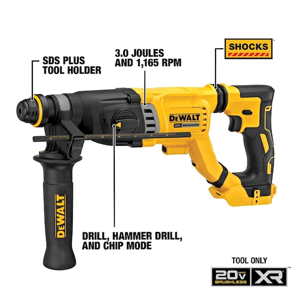 Dewalt 20V MAX* 1-1/8 in. Brushless Cordless SDS PLUS D-Handle Rotary Hammer (Tool Only) - DCH263B