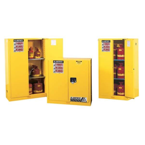 Justrite Flammables Safety Cabinet, 60 gal, 2 Shelves, Steel, 34 in W x 65 in H x 34 in D, Yellow - 896020
