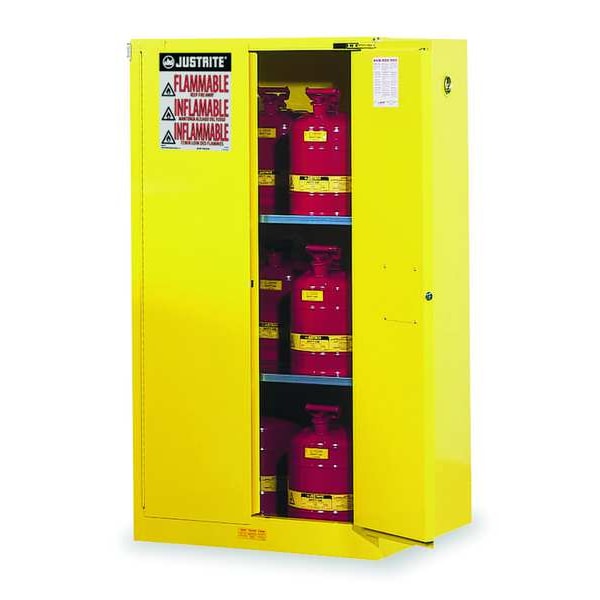 Justrite Flammables Safety Cabinet, 60 gal, 2 Shelves, Steel, 34 in W x 65 in H x 34 in D, Yellow - 896020