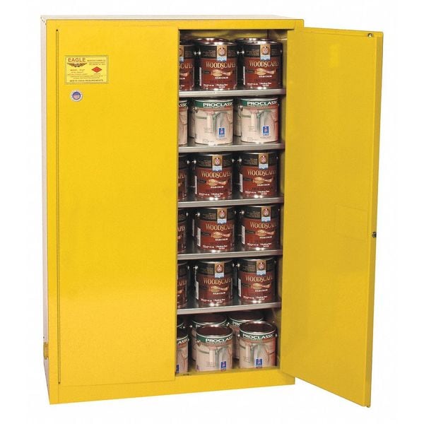 Eagle Mfg Flammables Safety Cabinet, 60 gal, 5 Shelves, Steel, 43 in W x 65 in H x 18 in D, Yellow - YPI47X