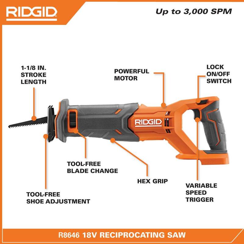 Juego de Sierra de Sable Inalámbrica RIDGID 18V con Batería de 4.0 Ah y Cargador - R8646K