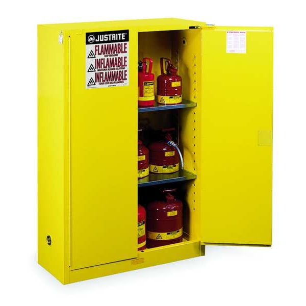 Justrite Flammables Safety Cabinet, Sure-Grip, Steel, 45 Gallon, 2 Shelves, 2 Doors, Self-Closing, Yellow - 894520