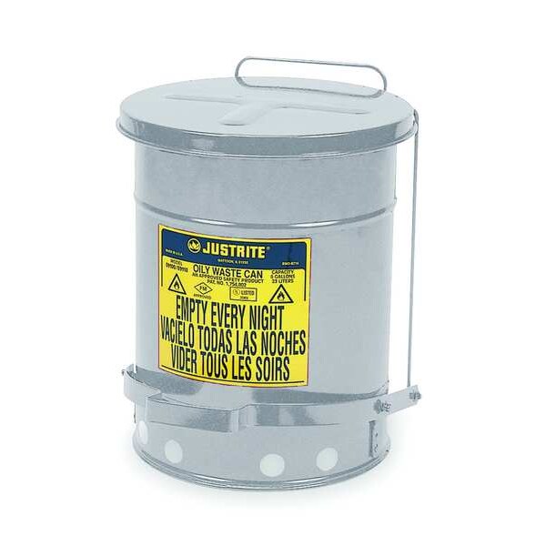 Justrite Oily Waste Can, 10 Gal., Steel, Silver - 09304