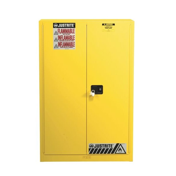 Justrite Flammables Safety Cabinet, 60 gal, 5 Shelves, Steel, 43 in W x 65 in H x 18 in D, Yellow - 894510