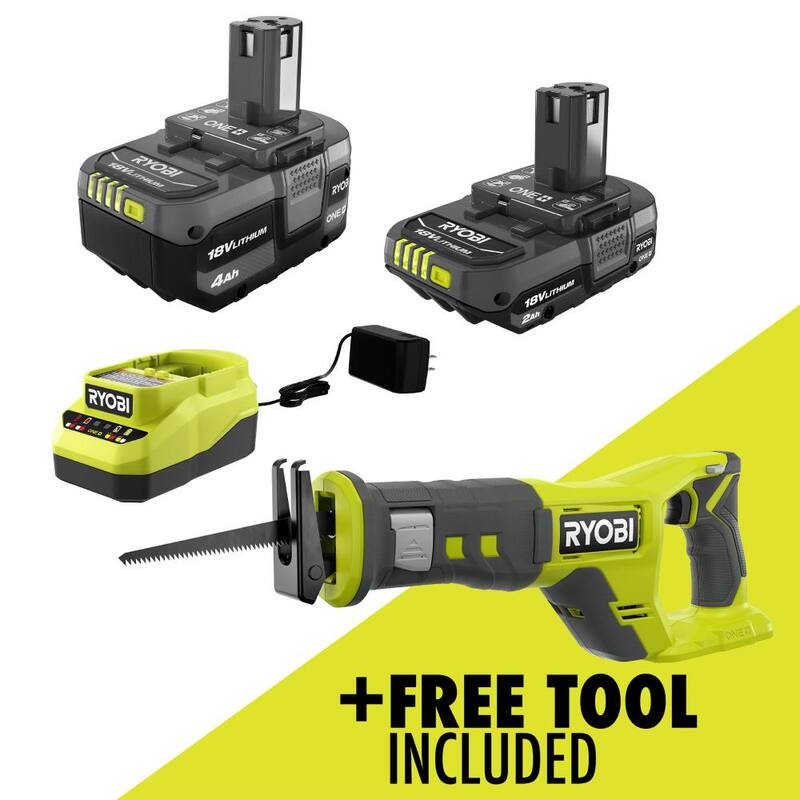 RYOBI ONE+ Kit de litio de 18V con baterías de 2.0 Ah y 4.0 Ah, cargador y sierra recíproca inalámbrica ONE+ 18V gratis - PSK106SB-PCL515B