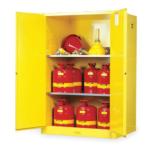 Justrite Flammables Safety Cabinet, 90 gal, 2 Shelves, Steel, 43 in W x 65 in H x 34 in D, Yellow - 899000